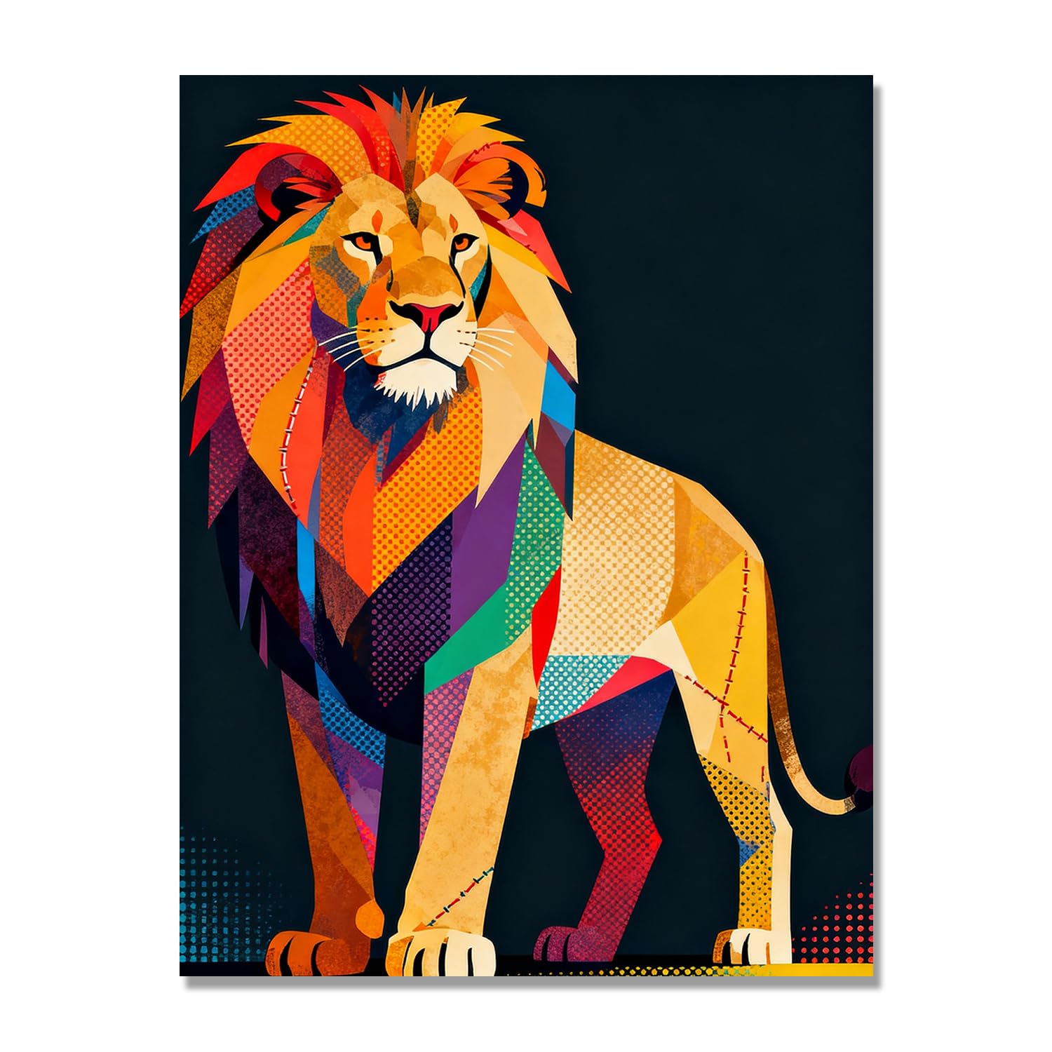 GYSDKUS Pop Art Lion Wall Art, Vibrant Red, Yellow and Blue Halftone Print, Bold Animal Portrait Poster. M11. 70x90cm-28x35in. Frameless
