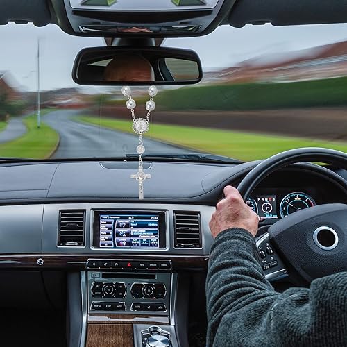 Miniatura 7 de Saint Benedict - Rosario de automóvil 2 piezas de espejo retrovisor para colgar en rosario de automóvil personalizado bendición de cruz medalla