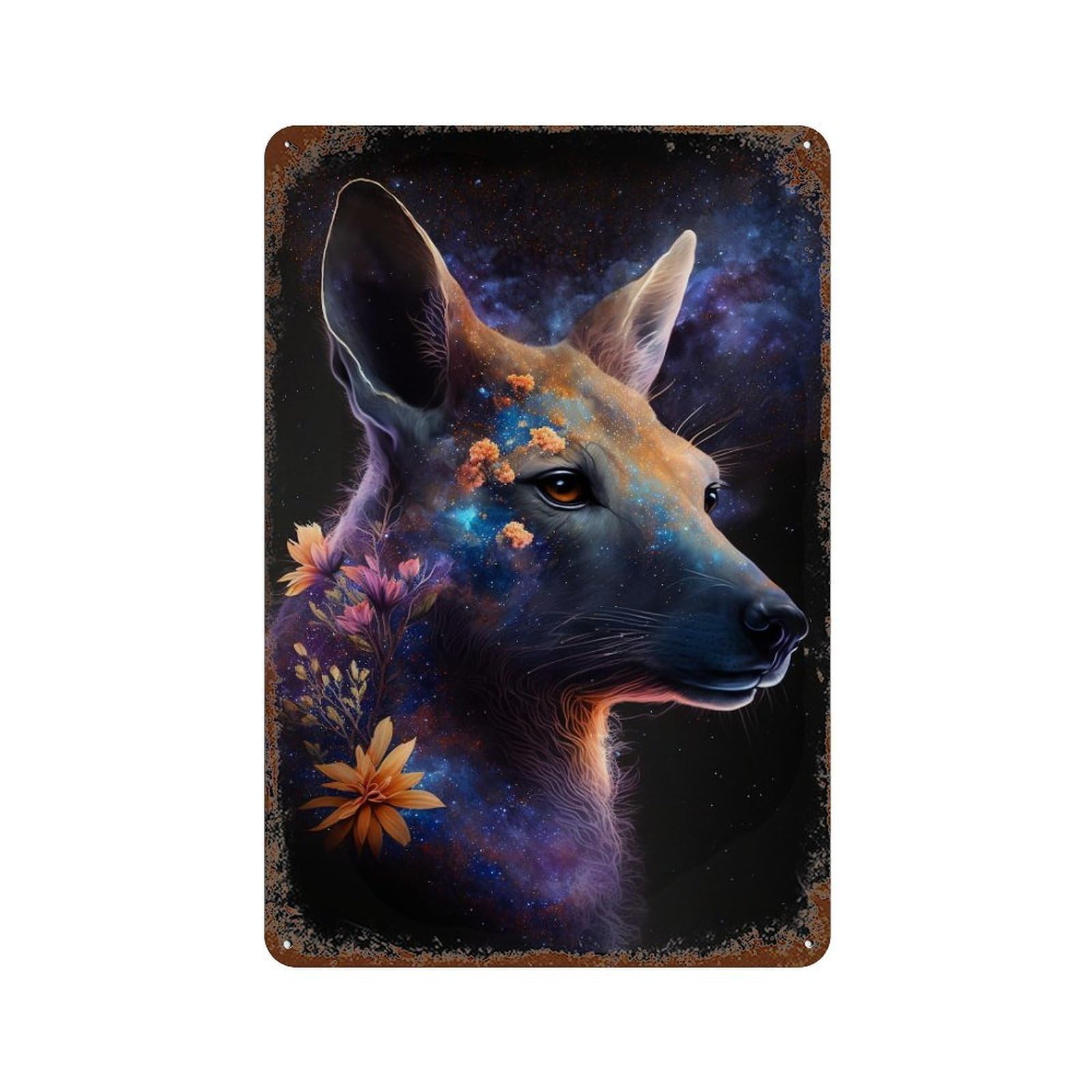 Weathered Tin Sign Galactic Kangaroo with Flowers 11.8"x7.9", Novelty Wall Decor for Basement, Hobby Room And Garage Decor