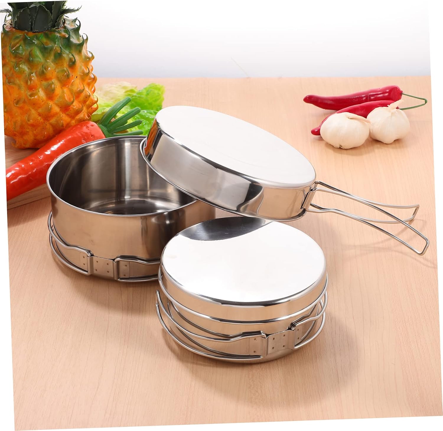 BESTonZON 4Pcs Stackable Stainless Steel Camping Pot Pan Set for Outdoor Cooking Non Stick Cookware for Picnic and Rv Use Durable and Space Saving Design