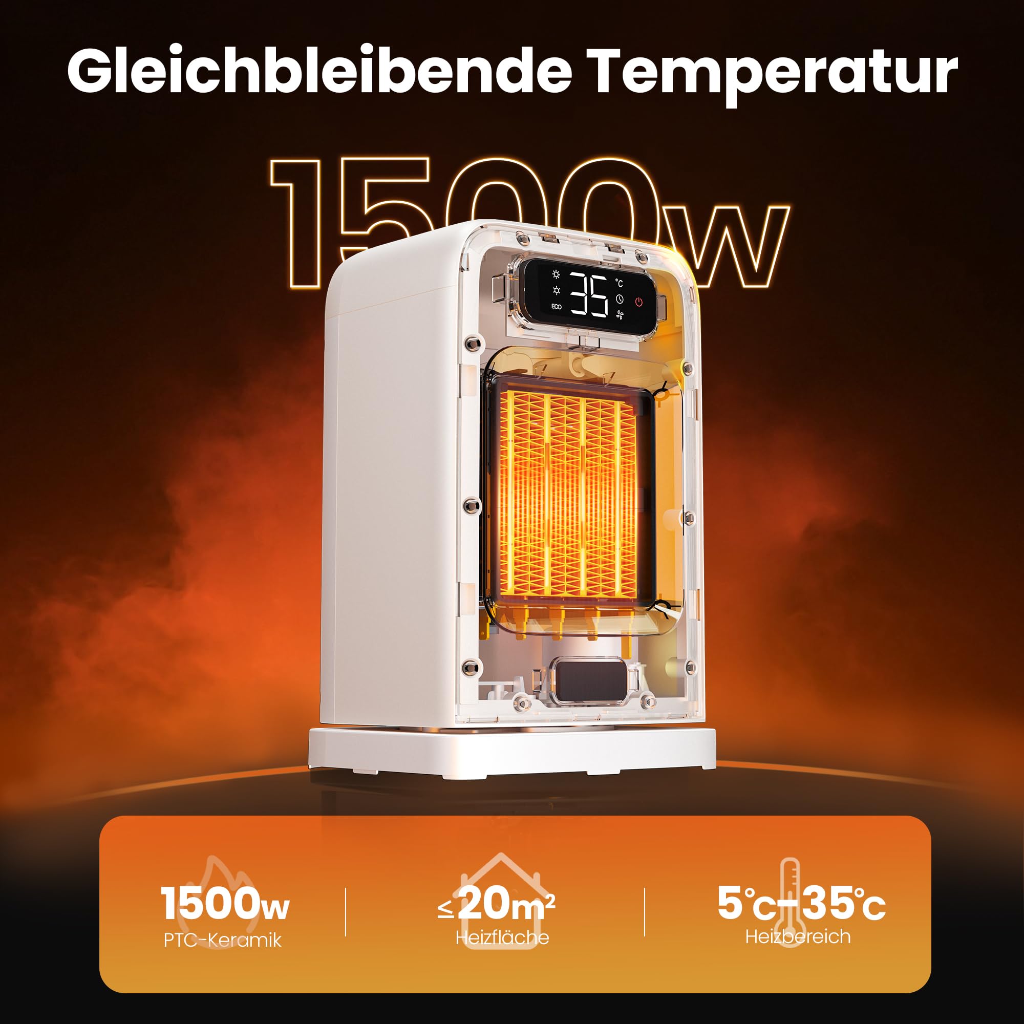 FLANUR Calefacción de suplemento 1500 W, Calefacción eléctrica de cerámica PTC con termostato, 12 horas, temporizador, protección antisobrecalentamiento y antivuelco, mando a distancia, blanco