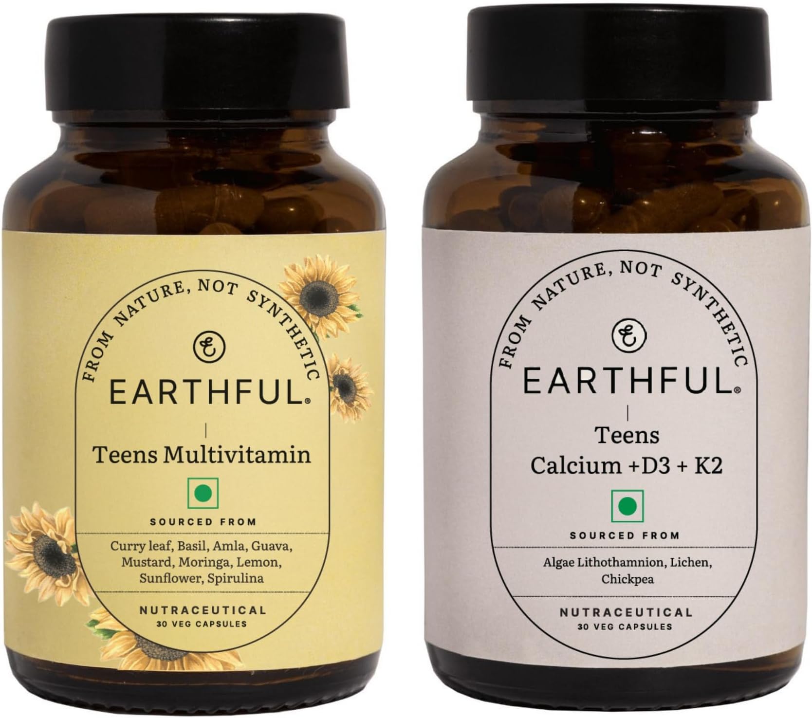 Earthful Multivitamin for Teen|100% Plant Not Synthetic|With Vit C,D & Calcium for Complete Nutrition for Growth,Immunity & Strong bones|30 Iron & 30 Calcium Tablets - 30 Day Pack, 50 grams