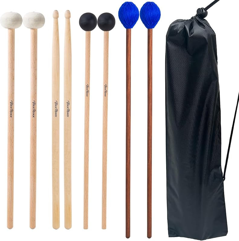Kit de 4 pares de mazos de tambor: timbales de fieltro, caucho, marimba, 5A | Baquetas con bolsa, instrumentos de percusión, accesorios para principiantes para tambor de acero, bombo, Glockenspiel, mazo de xilófono