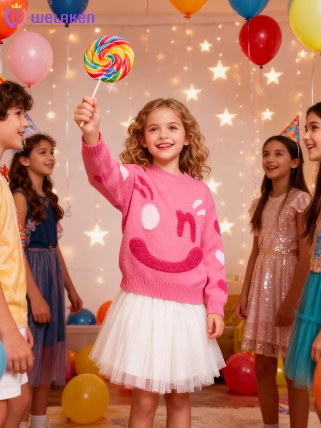 WELAKEN Girls Sweater Colorful Patterned Crewneck Long Sleeve Knit Pullover - Image 3