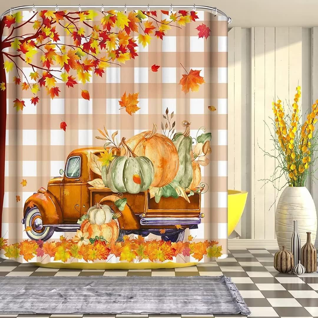 NBVKO 4PCS Fall Thanksgiving Day Shower Curtain，Autumn Pumpkin Truck Bathroom Shower Curtain Set with Non-Slip Rug Toilet Lid Cover Bath Mat 12 Hooks，Orange Maple Leaf Bathroom Decor Accessory Set