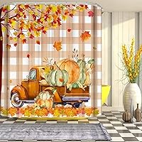 Vista 4 de Juego de cortina de ducha de 4 piezas, diseño de Acción de Gracias de otoño, calabaza, camión, cortina de baño con tapete antideslizante, cubierta