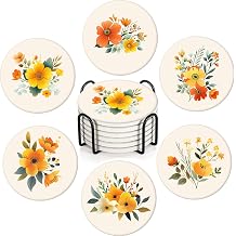 Boho Set of 6 Coasters for Drinks Absorbing Round Ceramic Stone Coaster with Cork Base,Tabletop Protection Mat for Mugs and Cups,Office,Kitchen Yellow Flower