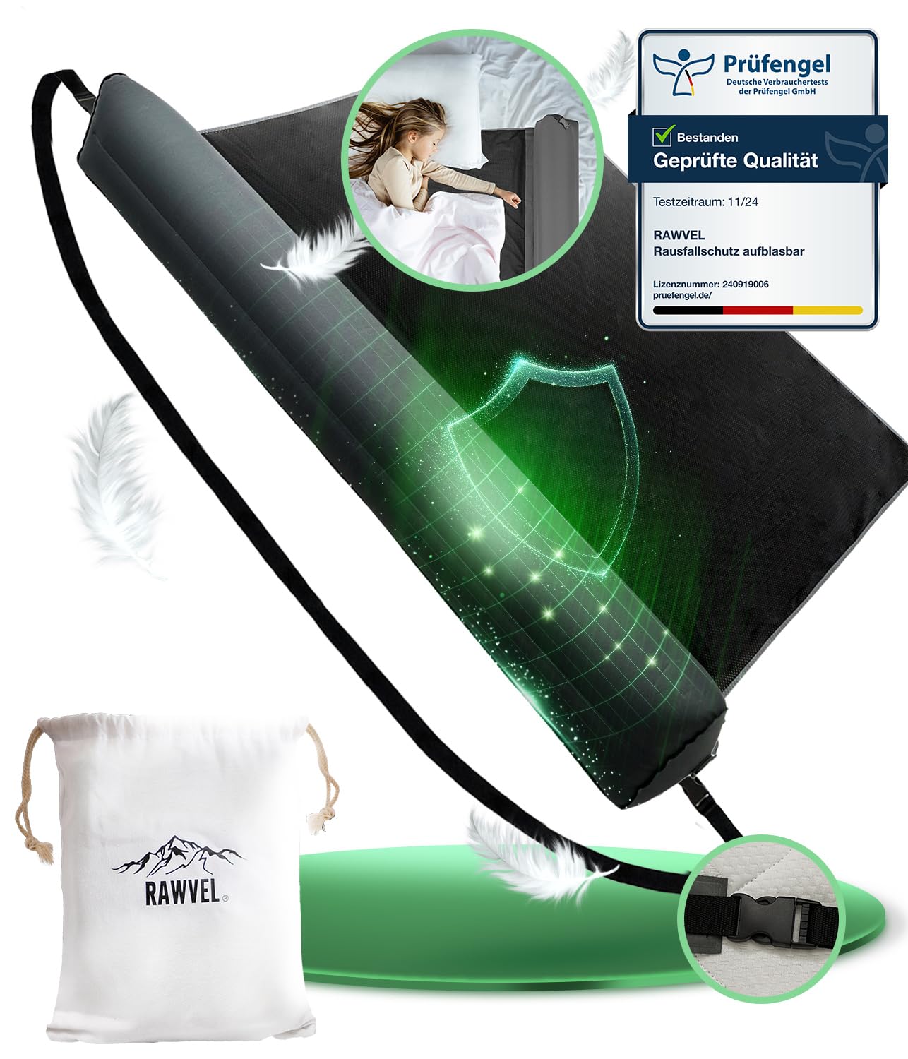 RAWVEL® Rausfallschutz aufblasbar 130cm Premium - [NEU 2025] - passend für alle Betten Zuhause & auf Reisen - Rausfallschutz Bett Reise BPA Frei & Laborgeprüft + Nylongurt (1er Set)