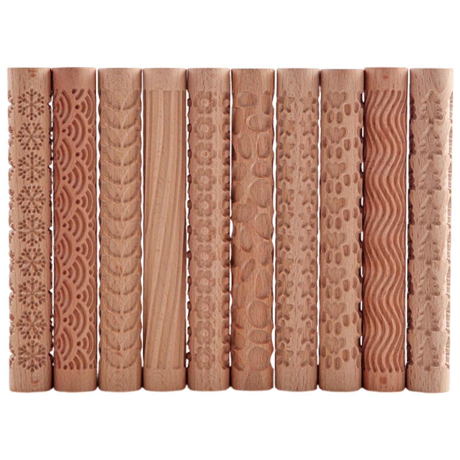 Set 10 Pezzi Mattarelli in Legno Manico per Argilla e Pasta Polimerica, Design Incisioni Artigianali per Sessioni Artistiche Familiari e Educazione Adulti