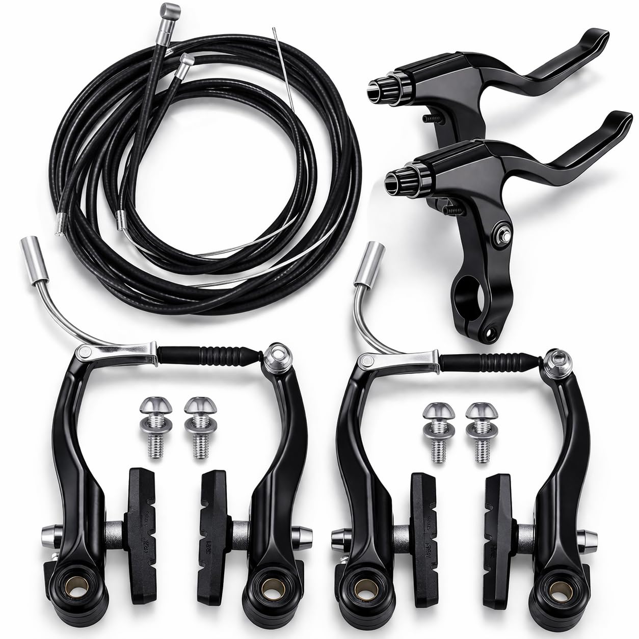 Universal Bicycle V-Brake Set Front & Rear – Alloy Rim Brake Kit with Levers, Cables & Pads | Complete Mechanical Cycle Brake Replacement for MTB, Road & Hybrid Bikes (Black)