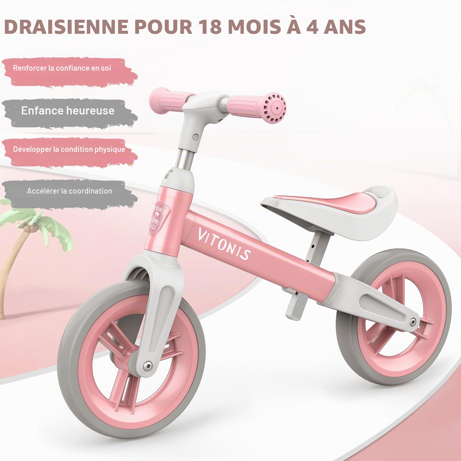 Draisienne Enfants 1.5-4 Ans 25 kg Volant Selle Réglables Antivol Direction Vélo d'Équilibre pour Garçons Filles