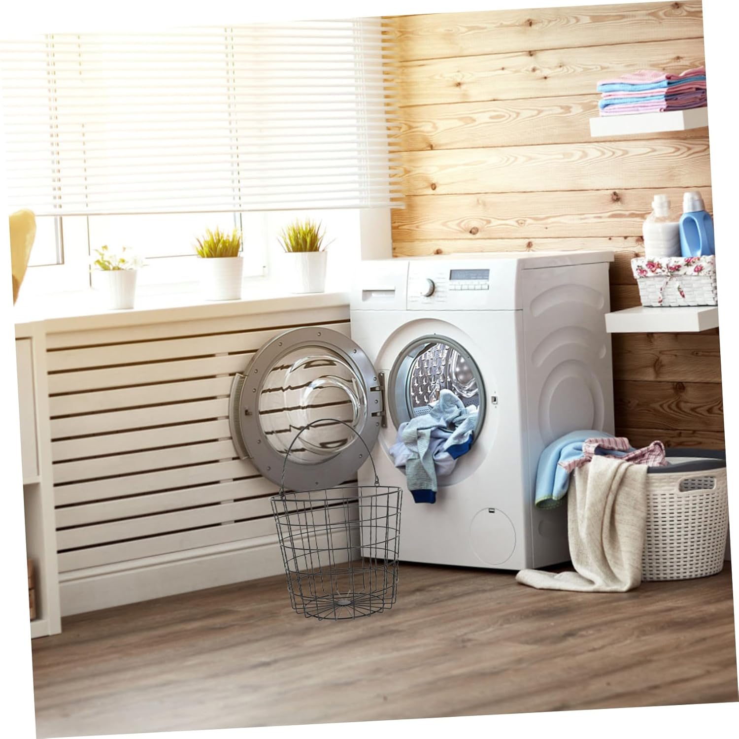 VOSAREA Metal Laundry Basket, Wire Laundry Hamper Dirty Clothes Basket Iron Utility Storage with Handle Grocery Trash Can for Kitchen Bathroom Laundry Room