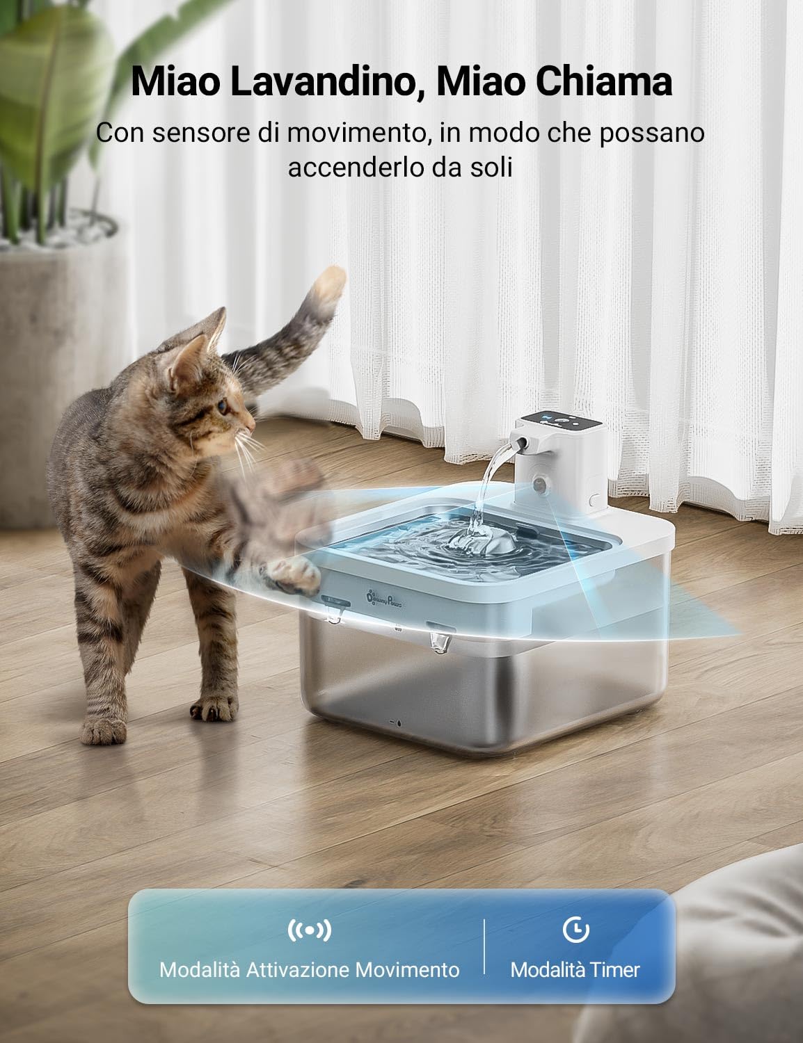DownyPaws Fontanella per Gatti con Sensore di Movimento Senza Fili, 2,5L Fontanella per Gatti a Batteria, Fontana Silenziosa per Acqua Fresca Cani e Gatti con Vaschetta in Acciaio, Bianco