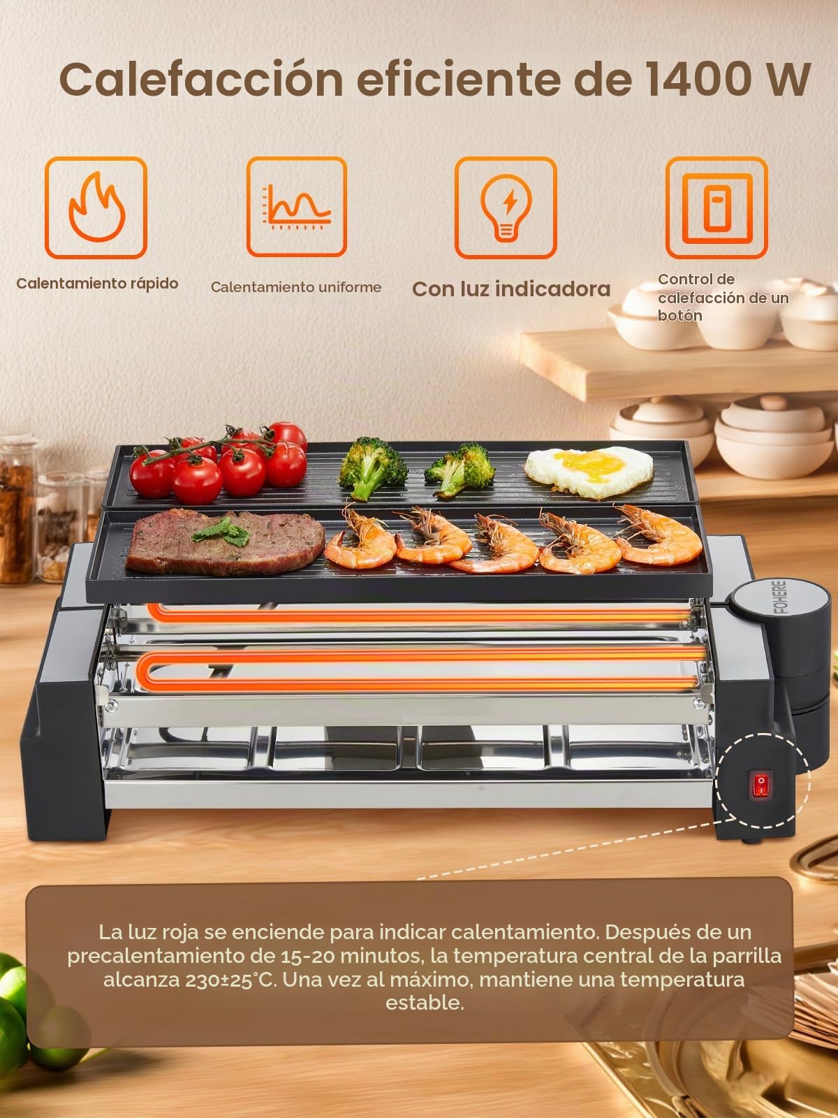 FOHERE Raclette 8 Personas, 1400W Raclette Grill Electrico con Parrilla Antiadherente y 8 Placas, Parrilla Eléctrica Giratoria, Adecuada para Familias y Fiestas