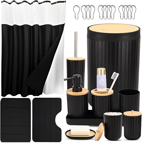 Juego de baño de 24 piezas con cortina de ducha y alfombras, color negro, basura, inodoro Bursh, dispensador de jabón, soporte para cepillos de
