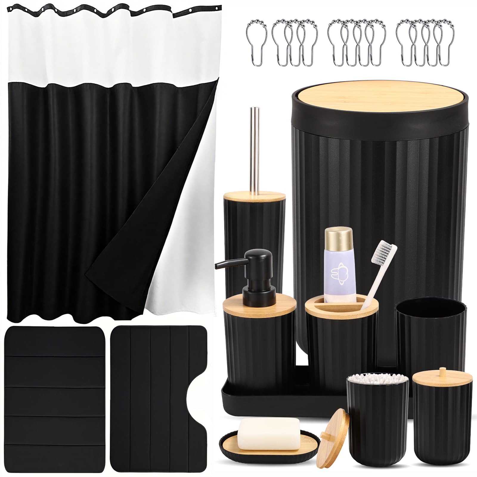 24 Pieces Bathroom Sets with Shower Curtain and Rugs Black, Trash Can, Toilet Bursh, Soap Dispenser, Toothbrush Holder, Soap Dish, Tumbler, Cotton