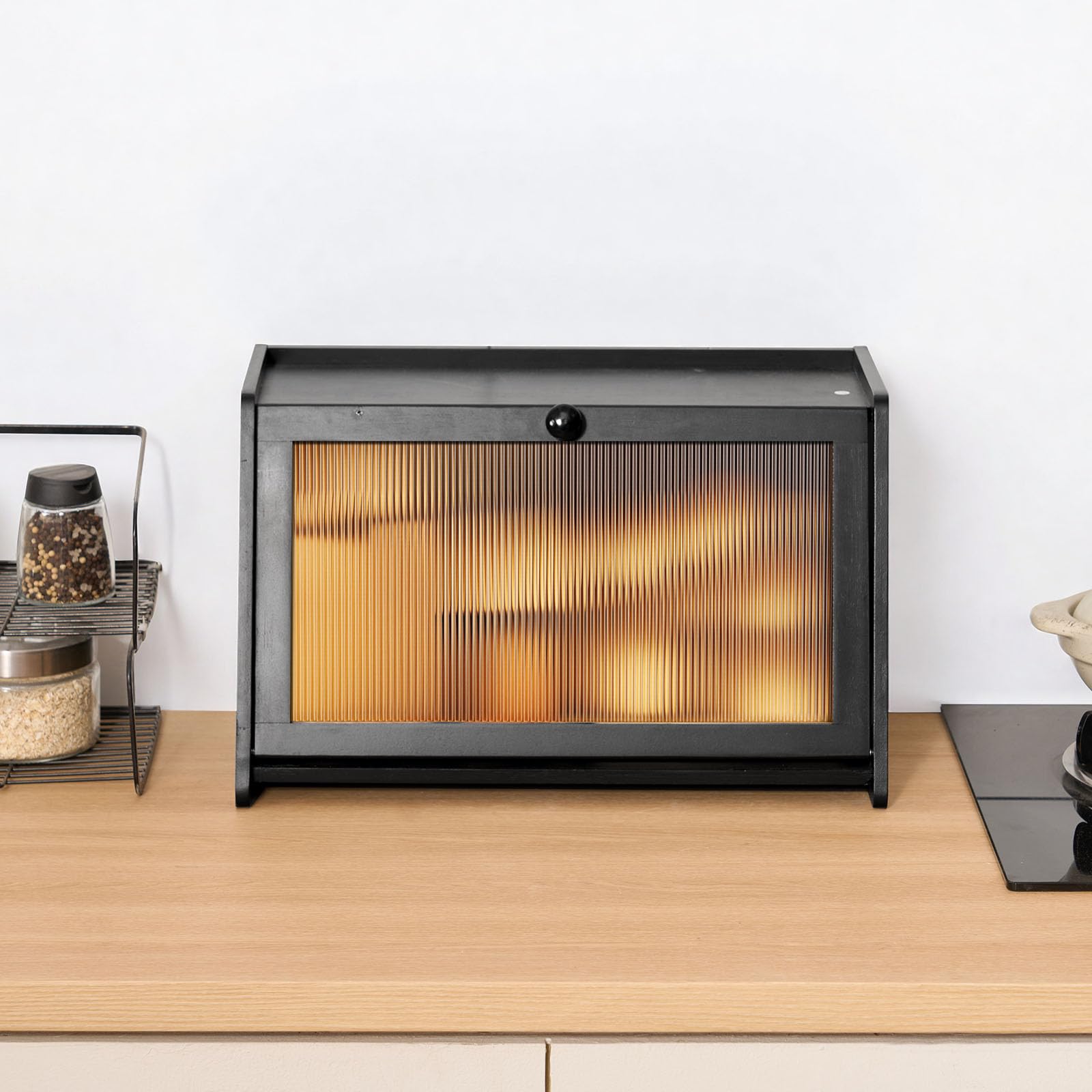 VEVOR Contenitore per Pane da Cucina 420 x 250 x 260 mm Contenitore per Pagnotta in Legno di Bambù per Pane Fatto in Casa, con Pannello Porta in Acrilico Ondulato, Forma di Trapezoidale, Nero