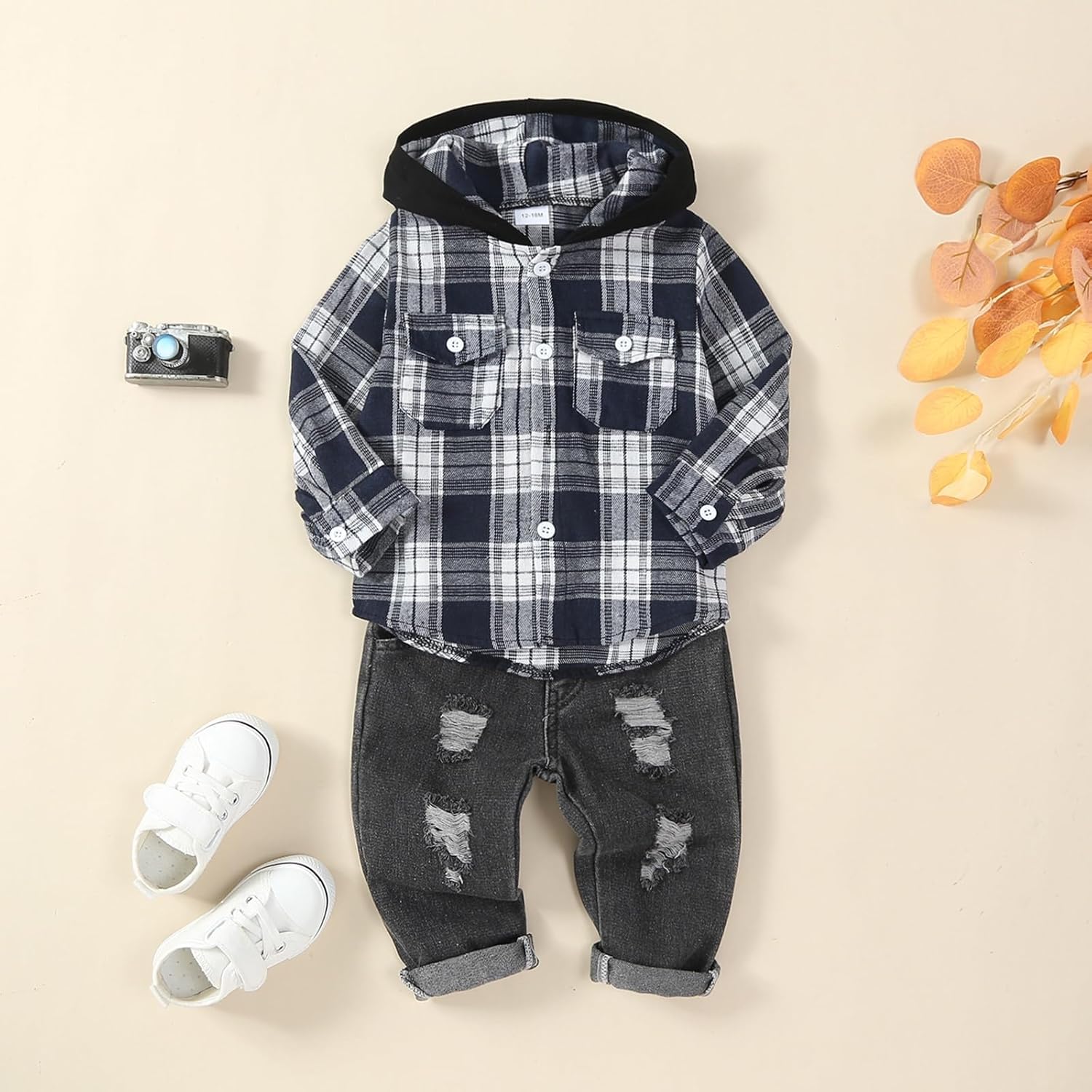 Toddler Baby Boy Fall Winter Clothes Long Sleeve Plaid Hooded Sweatshirt Ripped Holes Jeans Set 1-5 Years Old - Image 2