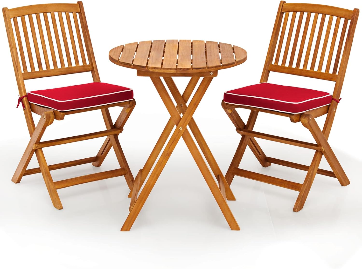 HAPPYGRILL 3-Piece Patio Bistro Set Table & Chair with Cushions Foldable Wooden Furniture Chairs and Coffee Table for Outdoor Balcony Garden Backyard