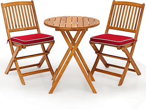 Miniatura 1 de HAPPYGRILL Juego de mesa y silla de 3 piezas con cojines plegables de madera y mesa auxiliar para balcón, jardín, patio trasero