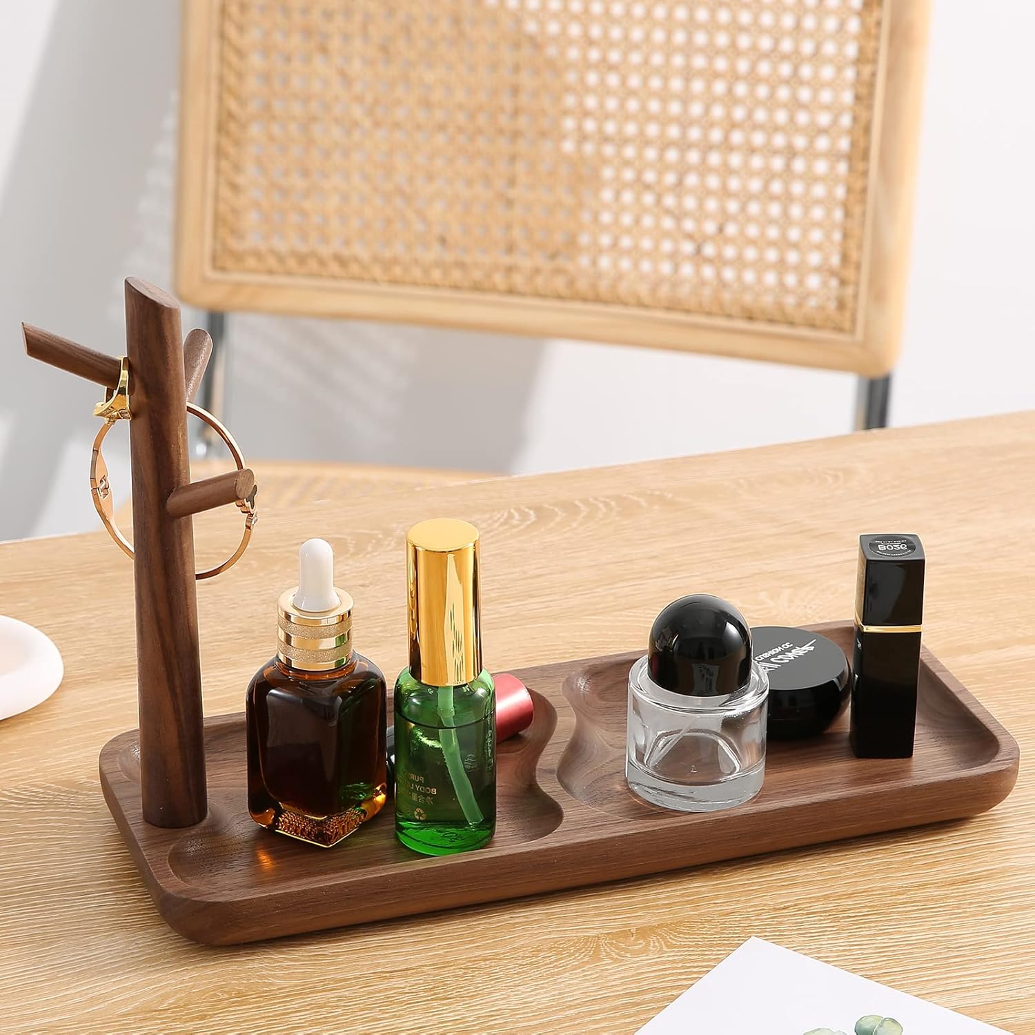 Walnut Wood Key Tray for Entryway Table, Jewelry Tray, Catchall Tray with 3 Stand Hanging Organizer, for Rings, Phone, Bracelets Watches