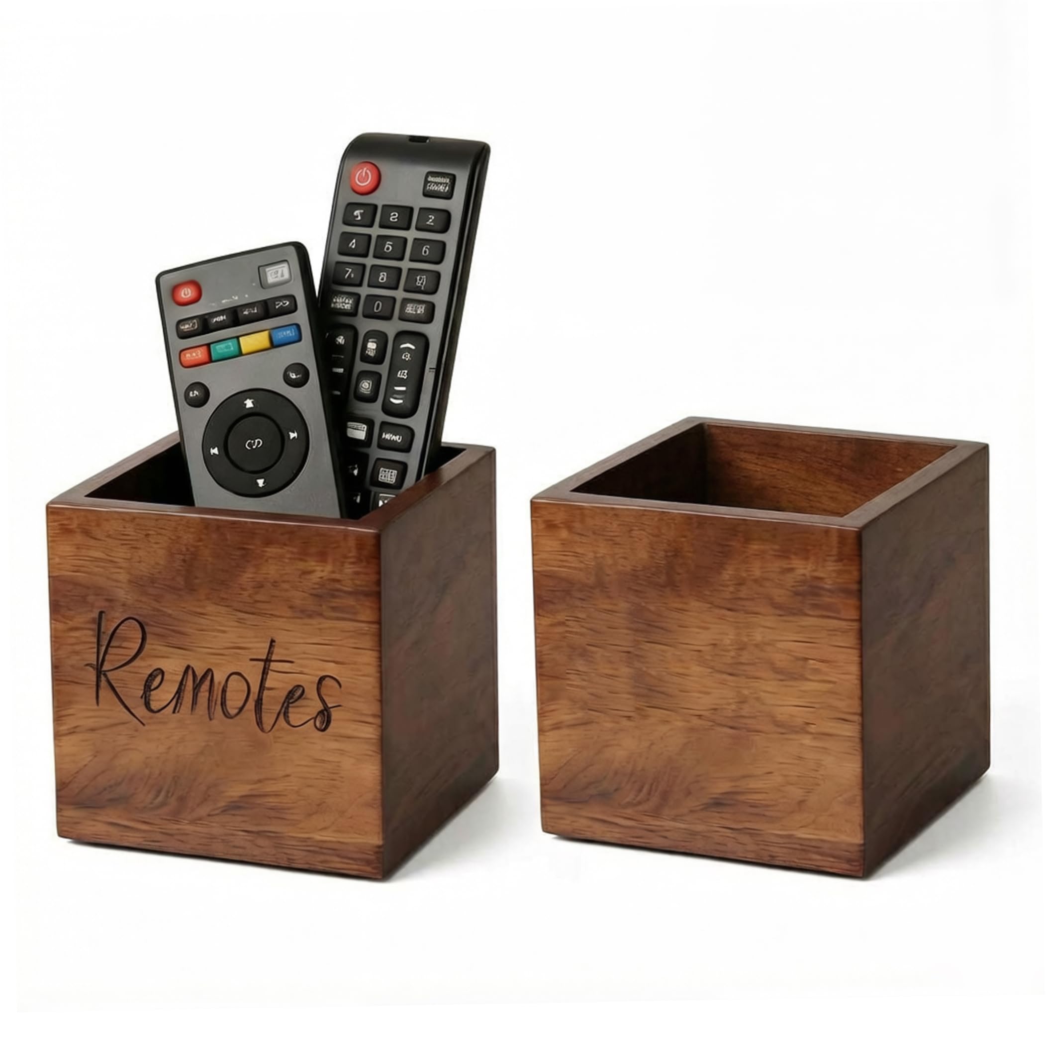 Ameble 2PCS Wooden TV Remote Control Holder with Wide Opening, 3.5 Inch Square Storage Box for Home, Office, Dorm Desk, Organizer for Remotes, Phones, Keys
