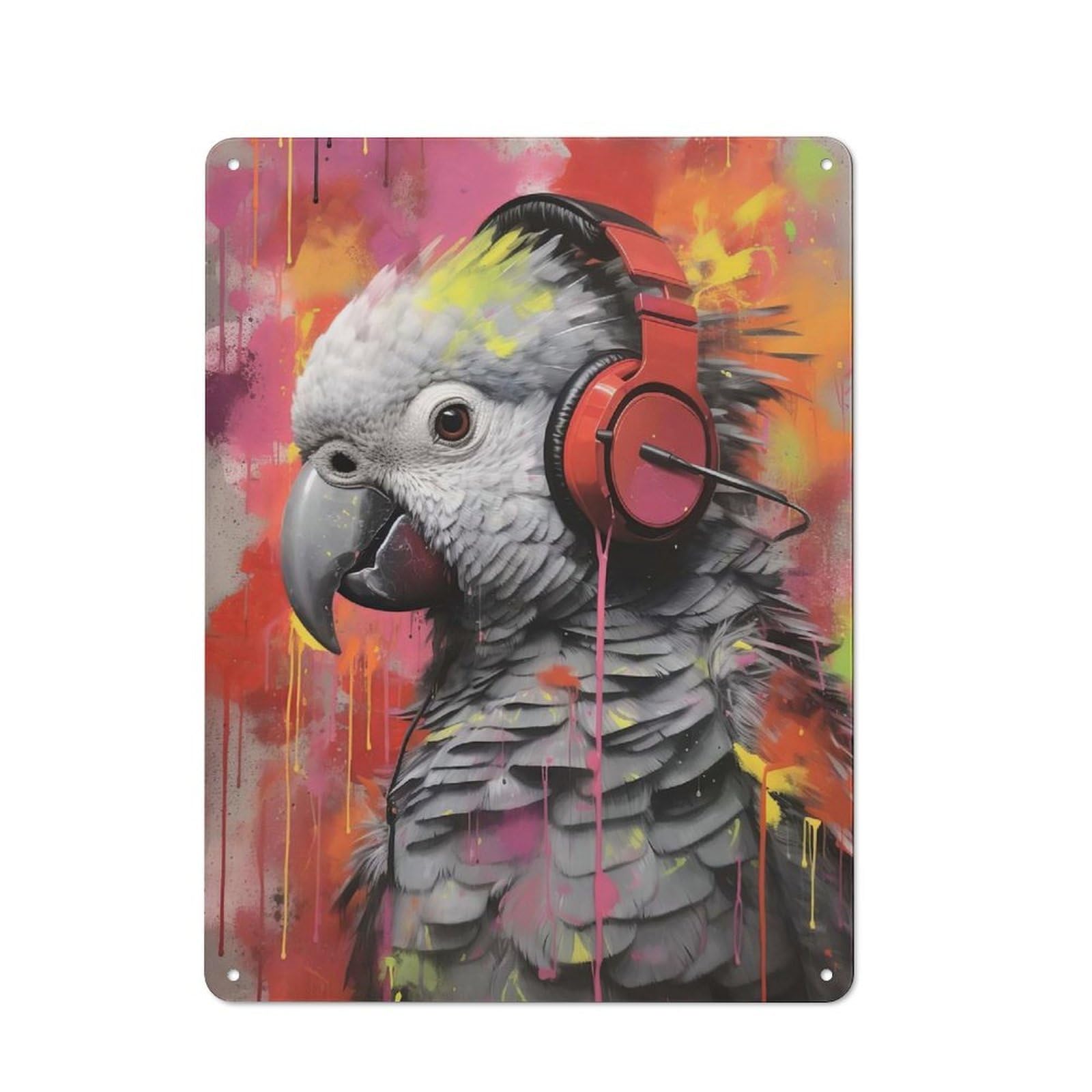 Junmoney Parrot With Headphones Vintage Tin Sign 40X30cm With For Kitchen Or Home Bar, For Retro Home Interiors, For Cafés, Pubs And Restaurants