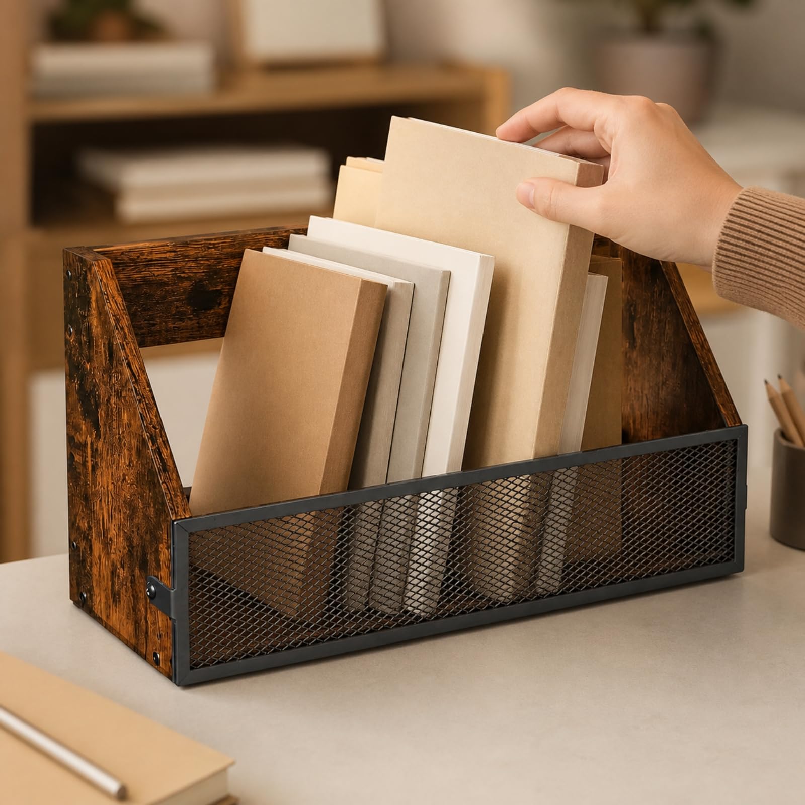 Rack un Solo con Panel Malla Metálica Estable Organizador Madera con Accesorios Metálicos Multifuncional para Escritorio