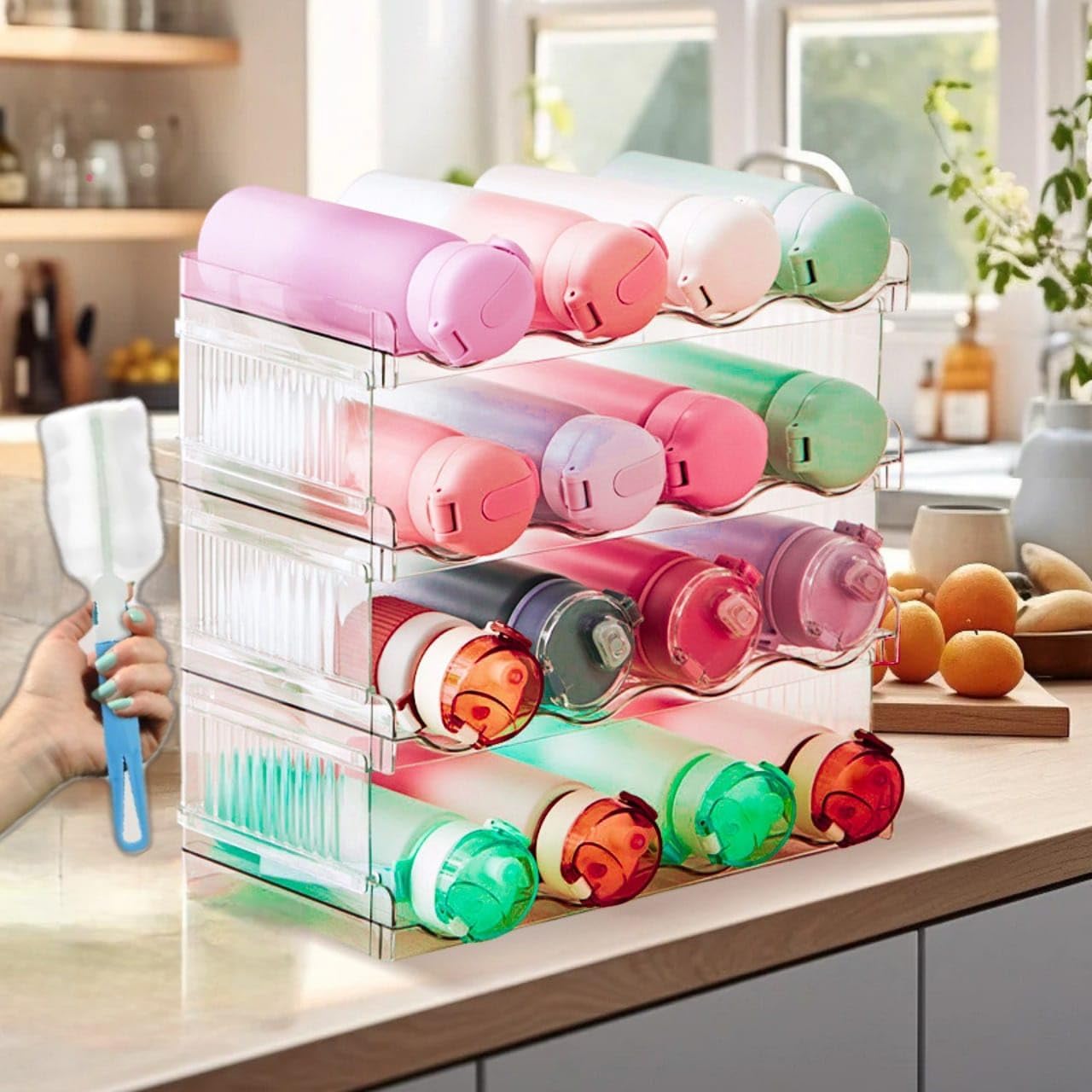 Prixure Stackable Water Bottle Organizer for Cabinet with free cleaning brush, 4 Layer Hold 16 Bottles for Fridge Pantry Cabinet & Storage, Tumbler Mug Cup Organizer for kitchen Cabinets, best Gift