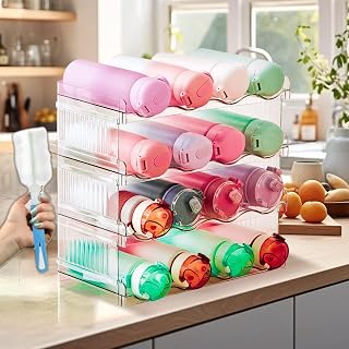 Prixure Stackable Water Bottle Organizer for Cabinet with free brush, 4 Layer Water Bottle Holder for Fridge Pantry Cabinet & Storage, Tumbler Mug Cup Organizer for kitchen Cabinets, Hold 16 Bottles