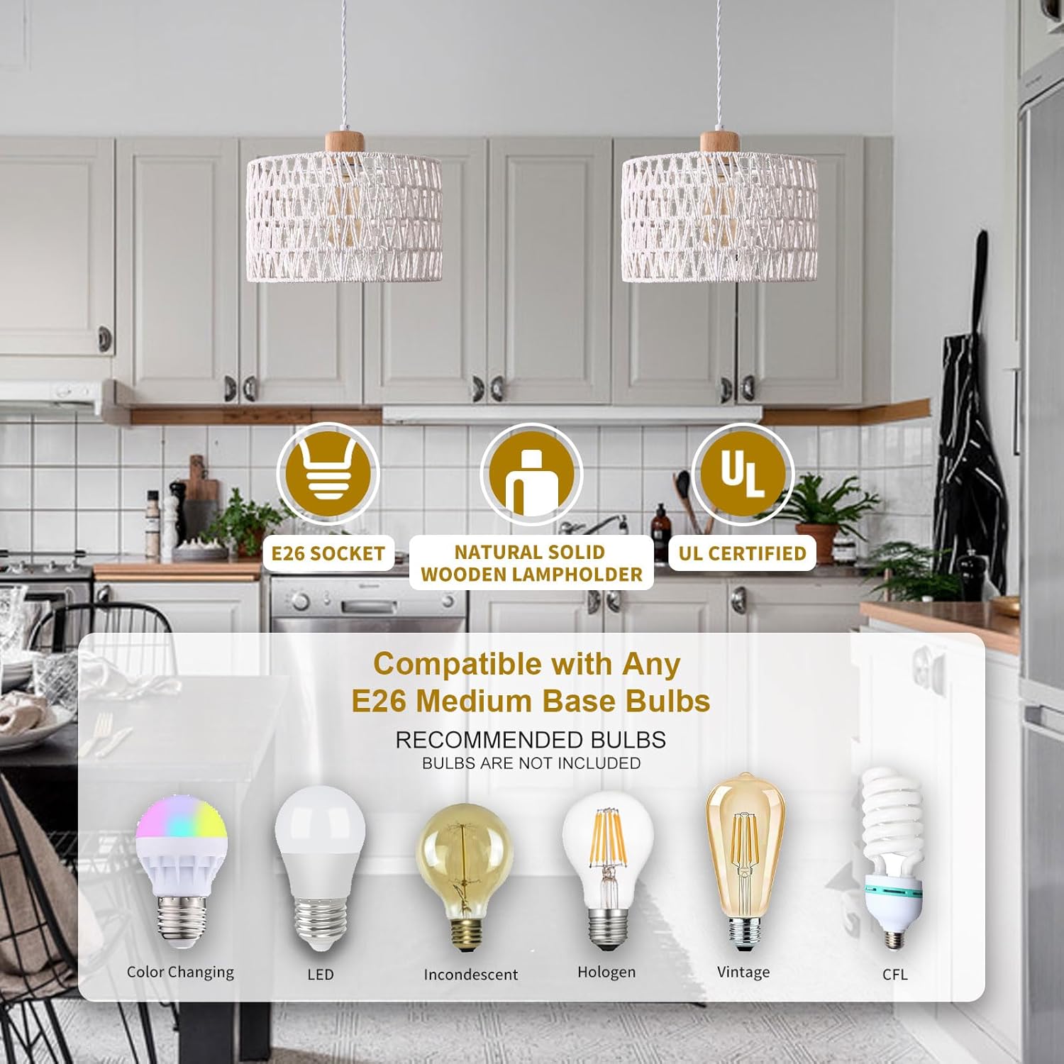 Plug in Pendant Light with Hand Woven Rattan Lampshade, Hanging Lamp with 15 FT Rope Cord On/Off Switch, Boho Pendant Light Fixture for Living Room Bedroom Kitchen Island Dinning Table