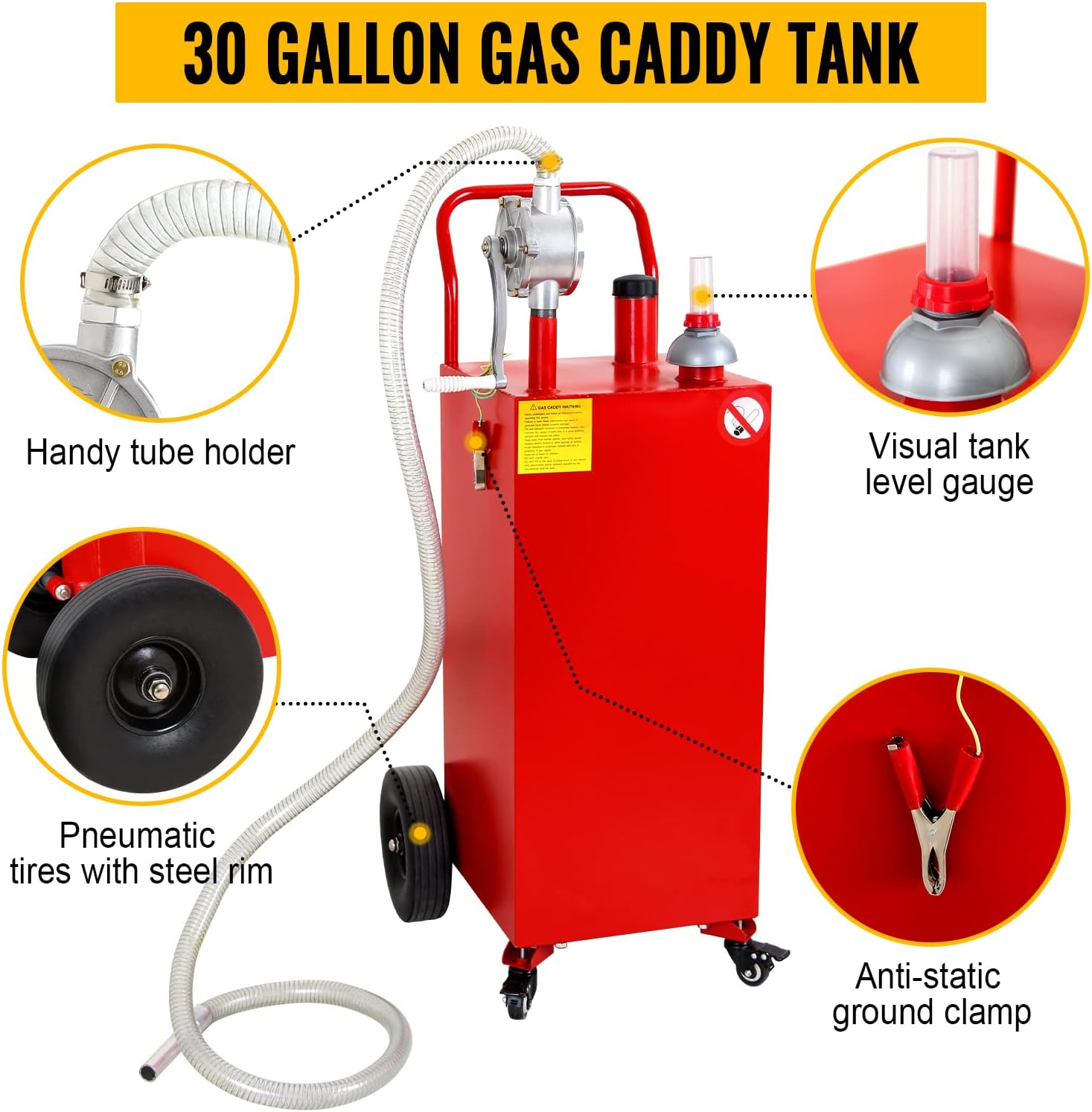 Gas Caddy 30 Gallon, Portable Fuel Storage Tank with 4 Wheels, Gasoline Diesel Can with Pump Rolling and Solid Rubber Wheels for Cars Lawnmowers ATVs Boats Motorcycles Red