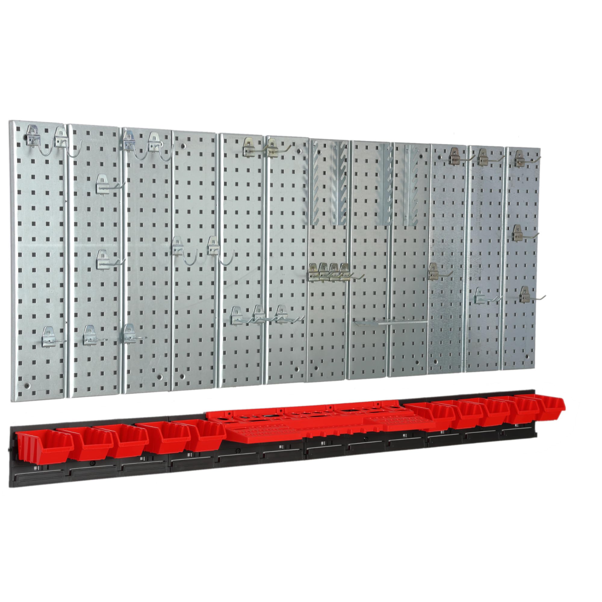 Werkzeugwand Metall 156x72 cm Lagersystem mit Werkzeughaltern Werkzeughaken und 10 Stapelboxen 80 x 115 x 60 mm Farbe: rot Lochbrett Werkstatt Garage Steckbrett Elektrowerkzeuge Lochwand