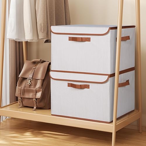 Miniatura 6 de Univivi Heavy Duty Fabric Storage Bins with Lid, Large 17" 10 Gallon Stackable Storage Bins with Leather Handles, Decorative Storage Boxes with Lids