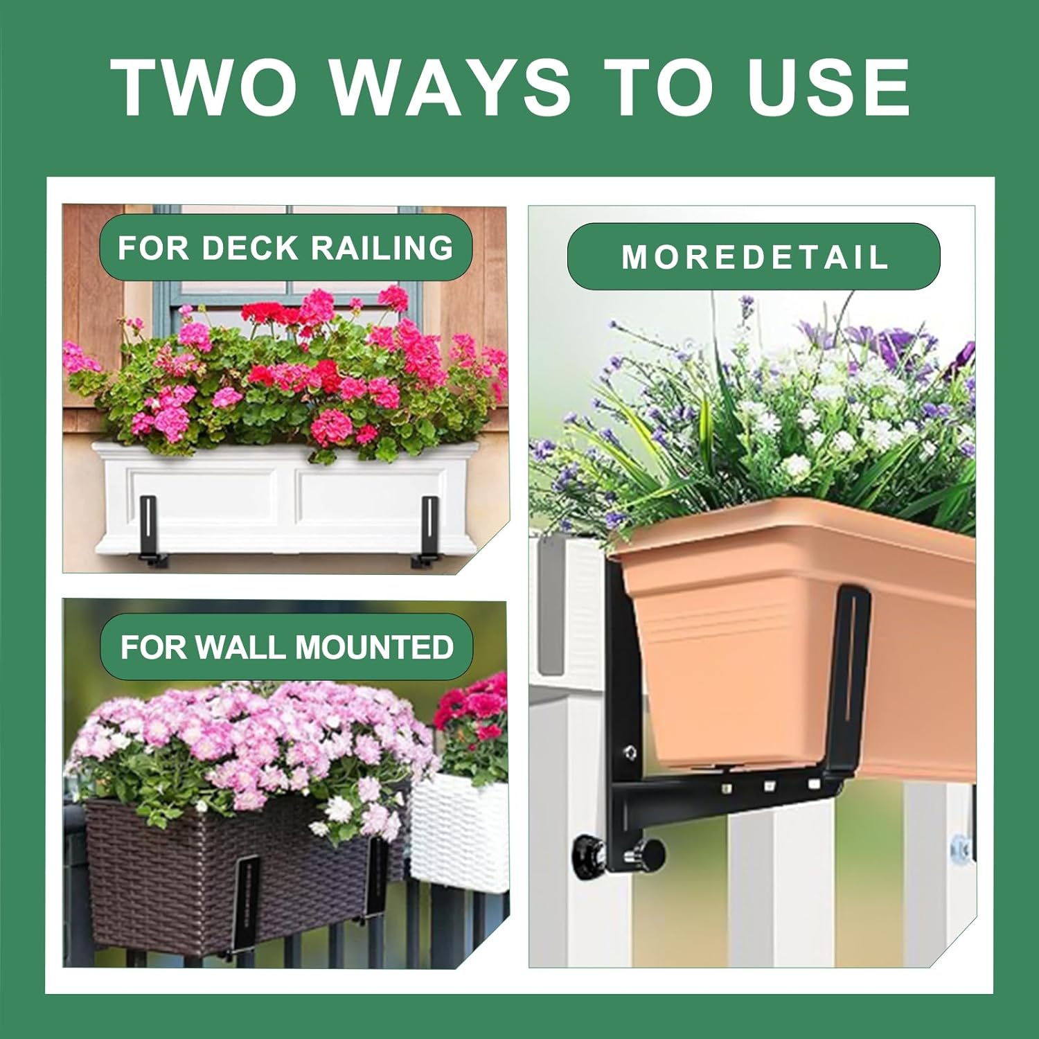 Planter Box Brackets, Planter Hooks for Deck Railing,Heavy Duty Iron Flower Box Brackets for Railings,with Enhanced Bottom Support - Perfect for Deck Railing (No Nails Adjustable Hanging, 4)