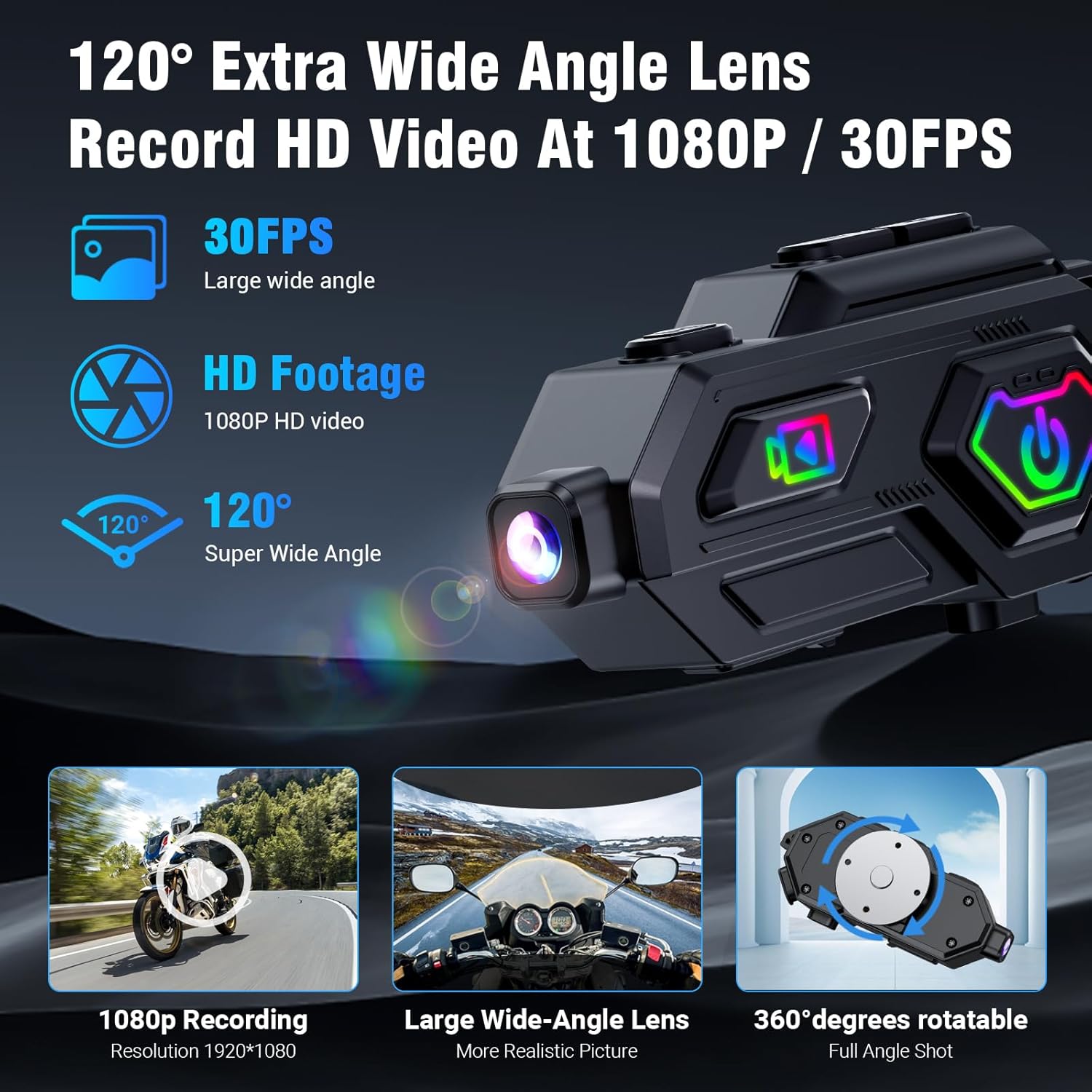 EDYELL C8 Max headset with a 120-degree extra wide angle lens, showing 1080P HD video recording at 30FPS, and a 360-degree rotatable body.