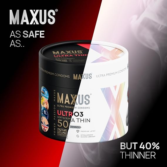 MAXUS AIR003 Extra-Thin, 50 Lubricated Condoms for Men, Regular Fit, Natural Latex, Easy-On Shape, Premium Quality, Includes Stylish Metal Case, Pack of 50