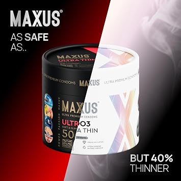 MAXUS AIR003 Extra-Thin, 50 Lubricated Condoms for Men, Regular Fit, Natural Latex, Easy-On Shape, Premium Quality, Includes Stylish Metal Case, Pack of 50