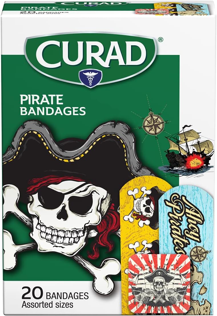 CURAD Kids Adhesive Plastic Bandages, Pirate Design, Perfect for Minor Cuts and Scrapes, Assorted Sizes, 20 Counts, Pack of 6
