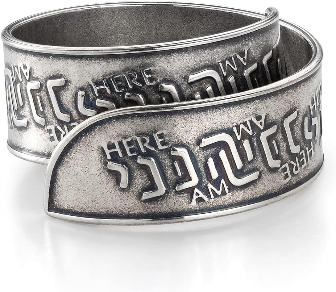 Hebrew Hineni Spiritual Ring, Here I Am Inspirational Wrap Ring for Men and Women, 925 Silver-Plated, Open Adjustable Christian Faith Statement Jewelry, Meaningful Bible Verse Gift, Handmade in Israel by Hallel Jewelry