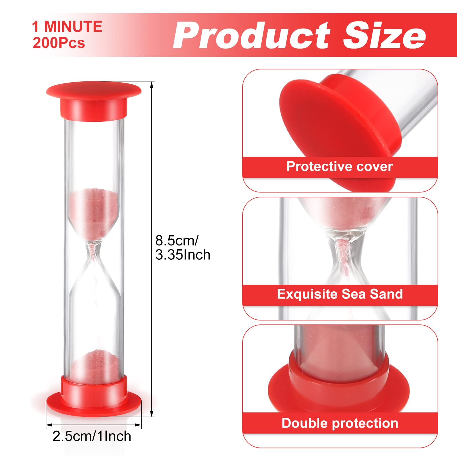 Lot de 200 sabliers de 1 minute pour enfants recouverts d'acrylique - Minuteur de jeu rouge d'une minute pour salle de classe, maison, fournitures pour enseignants préscolaires - 8,5 x 2,4 x 2,4 cm