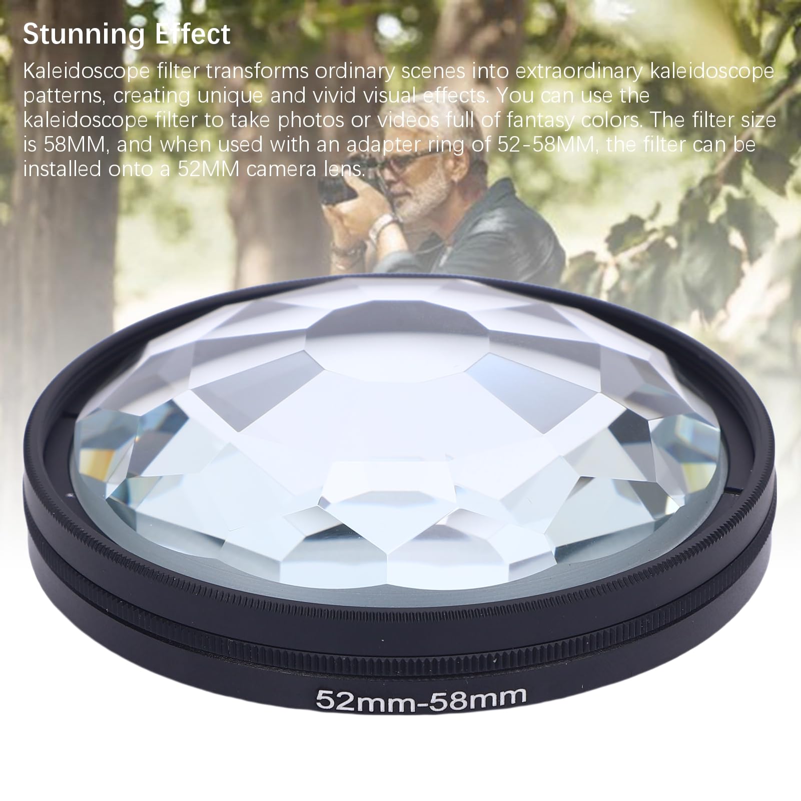 Filtre de Kaléidoscope de 58 Mm, Filtres à Effet D'objectif de la Caméra avec Anneau D'adaptateur 52 Mm 58 Mm, Compatible avec L'objectif 52 Mm, Verre Cristallin Prism pour la