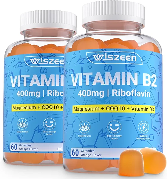 Vitamin B2 Gummies, Riboflavin 400mg with Magnesium, COQ10, B2 Vitamins for Women & Men, Non-GMO, Vegan