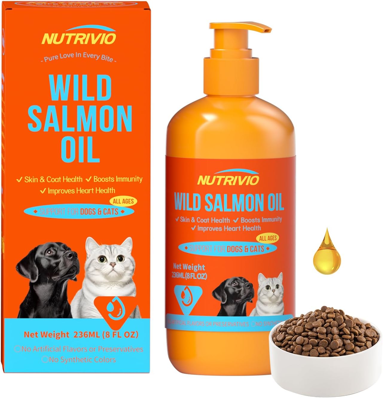 Melatonin Calming Drops for Dogs and Cats Composure 60ml+Nutrivio Wild Alaska Salmon Oil for Pets Omega-3,EPA/DHA 236ml