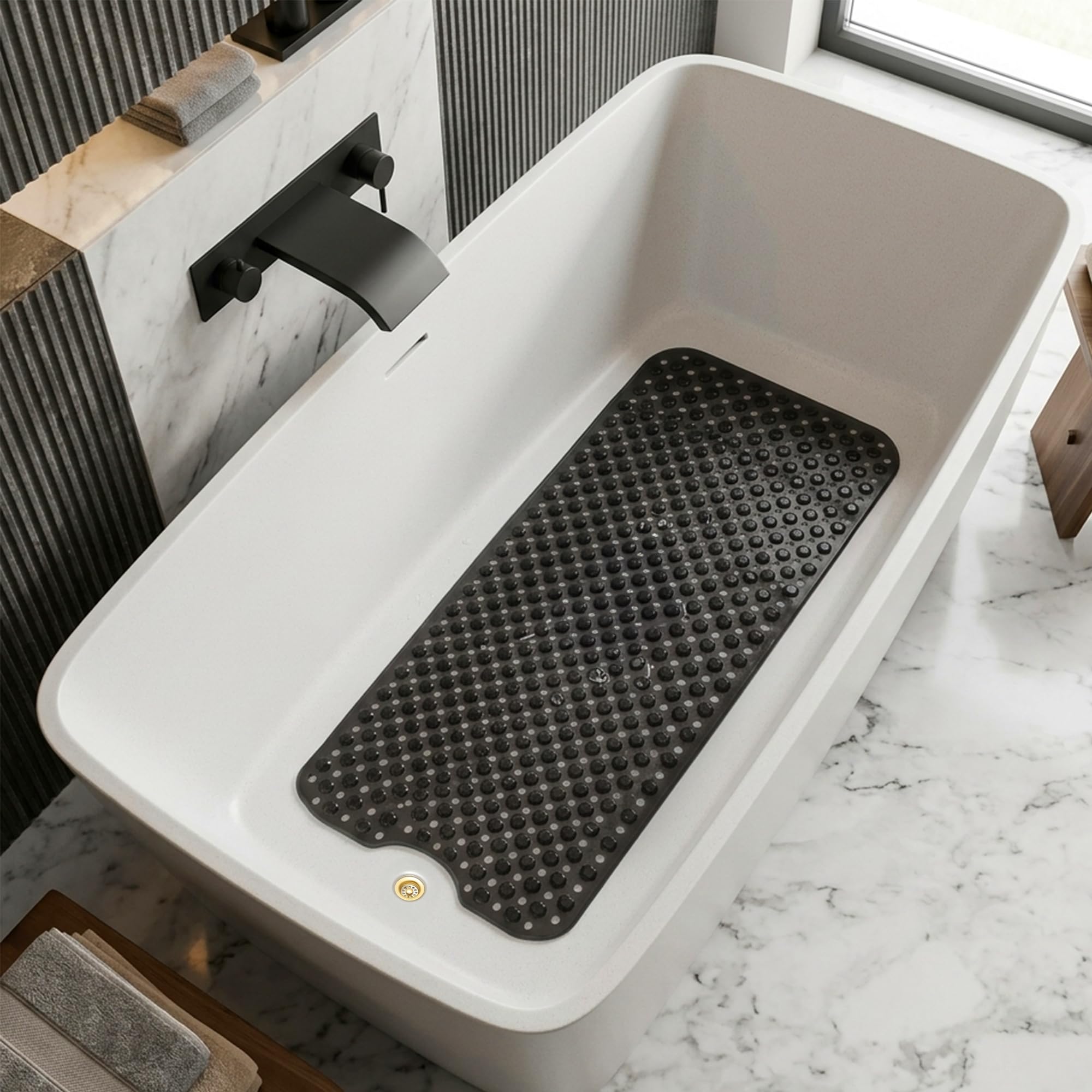 Rugs Haven Diamond Shower Mat - Non Slip Rubber Anti-Skid Bath Mat for Safety Washable Anti Mould Bathmat with Suction Cups for Bathroom and Bathtub (Black, 40x100 cm)