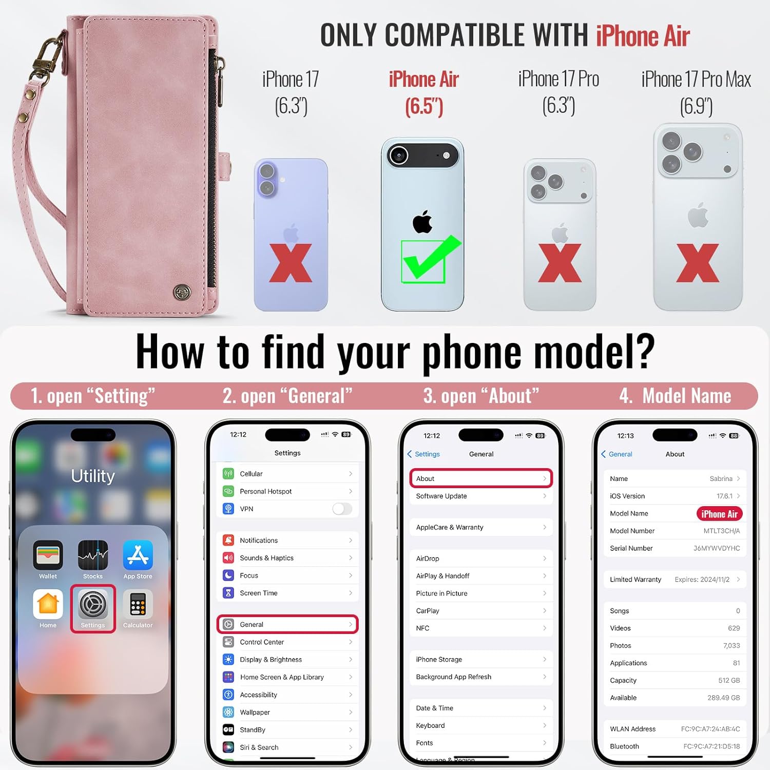Defencase Compatible with iPhone Air Case Wallet with RFID Blocking Card Holder for Women Men, Fashion PU Leather Magnetic Snap Flip Zipper Strap Wallet Phone Case for iPhone 17 Air 6.5", Rose Pink