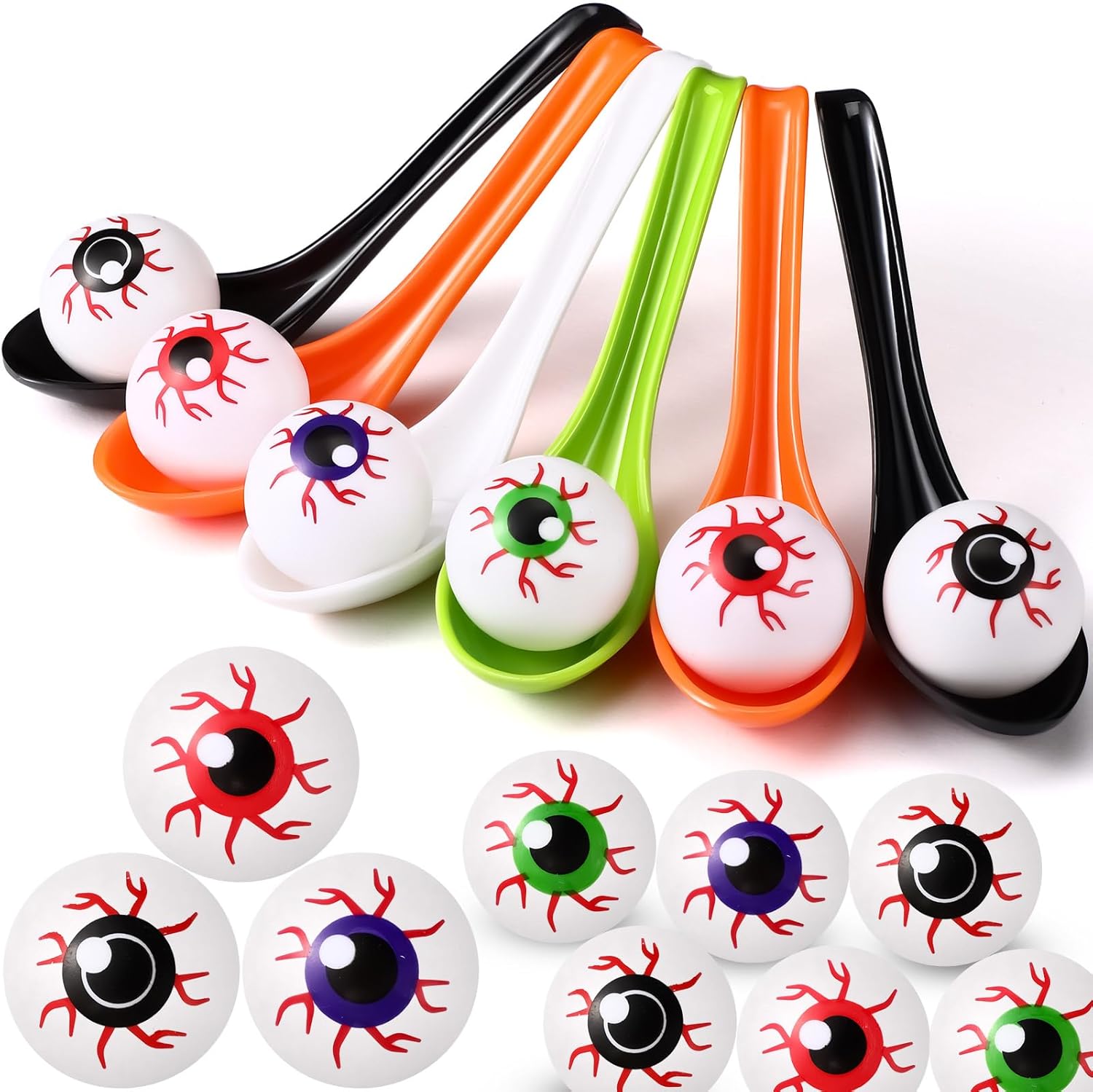Liliful 48 Pcs Halloween Egg and Spoon Race Game Set Eyeball Spoon Race Game for Halloween Outdoor Fun Games Party Favor Supplies Indoor Activities(Black, Purple, Red, Green)