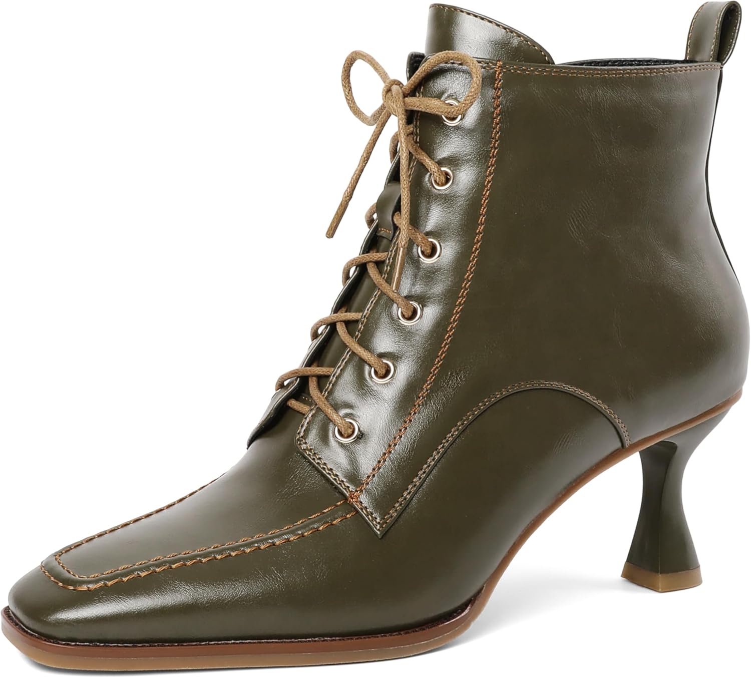 Women Square Toe Ankle Boots Lace-up Side Zipper Short Booties 2.5 Inch