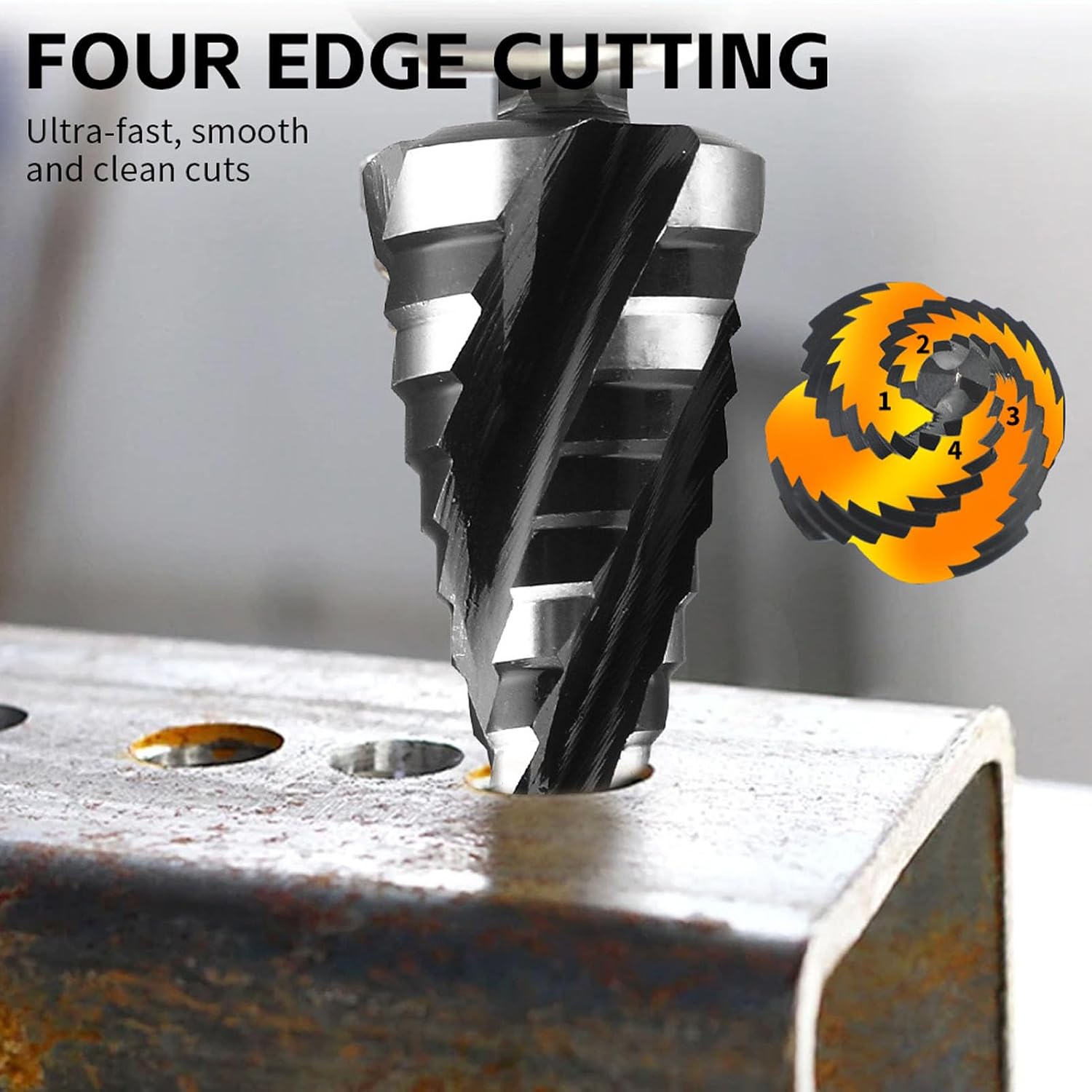 Garosa Step Drill Bit Set, Spiral 4 Flute HSS Hex Shank Bits Fast Hole Enlarging for Auto Electrical Work High Speed Steel Nitride Coated 18 to 78 Inch 3PC