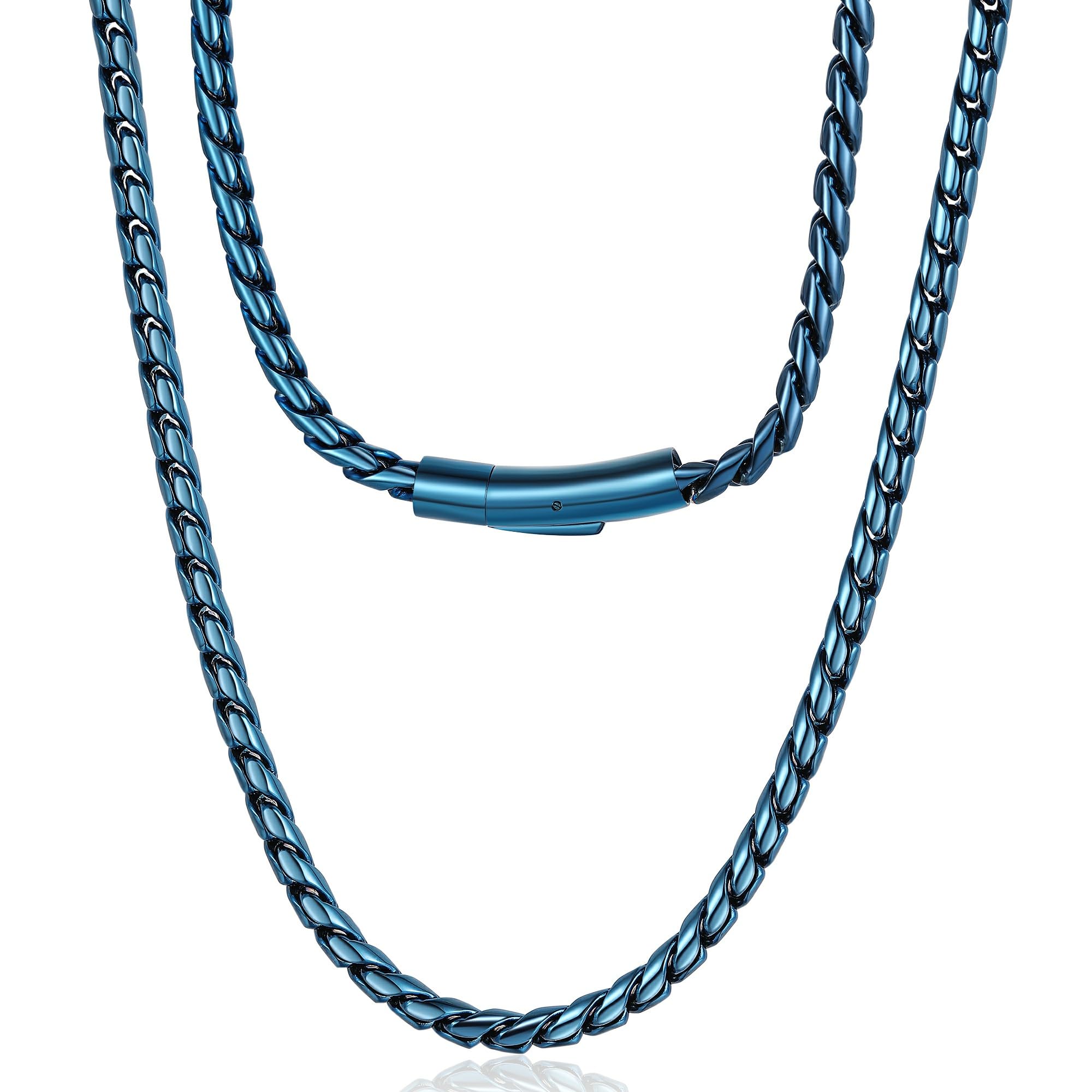 ROWIN&CO Twisted Rope Curb Cuban Chain 6mm Stainless Steel Necklace, Silver/Black/Blue Chain for Men Women Choker Jewelry Miami Link Hip hop Gifts 16"